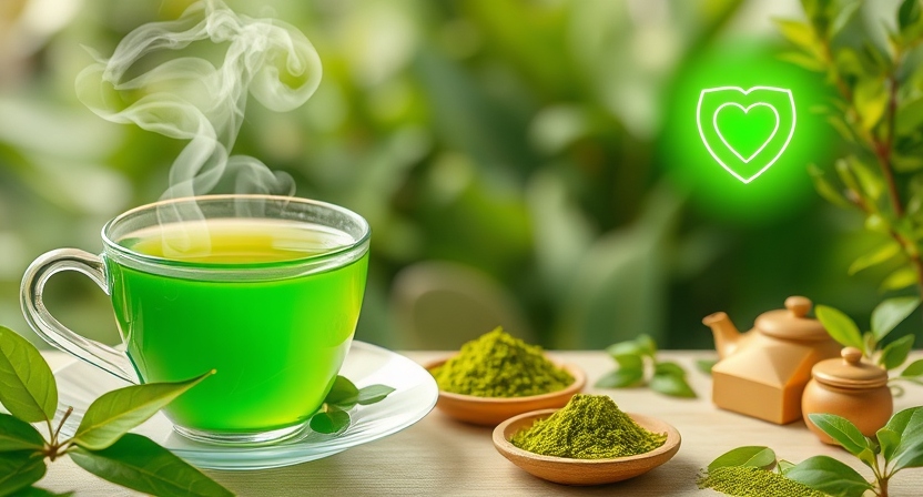 Green Tea emphasizing its antioxidant properties and role in promoting relaxation and wellness